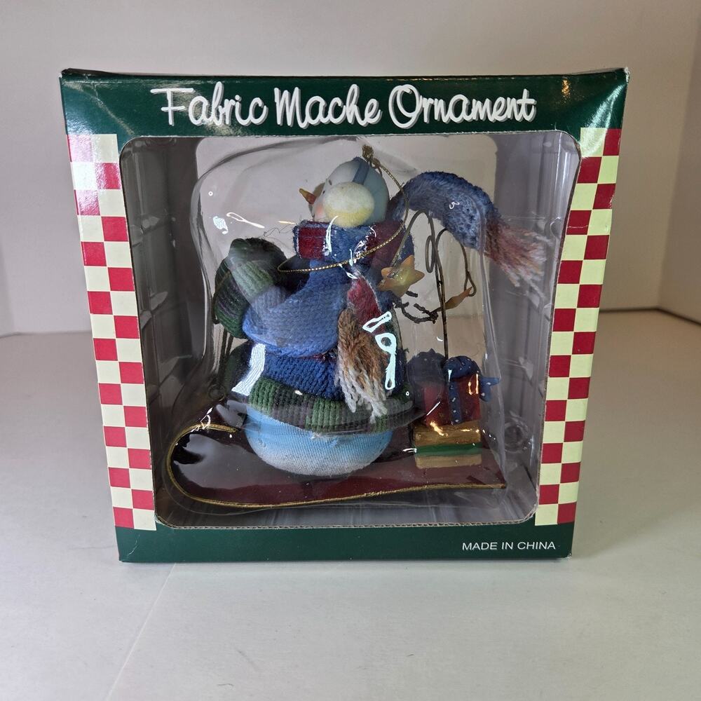 Vintage Fabric Mache Snowman Ornament on Sled with Presents SWC Bentonville